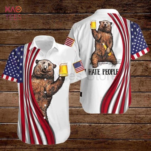 Bear And Beer American Flag 4th Of July Independence Day I Hate People Hawaiian Shirt