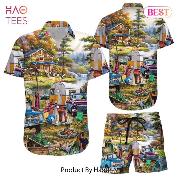 Camping Hawaiian Shirt Camping Lake View Forest Button Down Shirts Gift For Camping Lovers