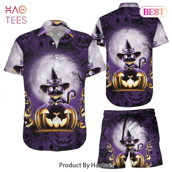 Cat Hawaiian Shirt Halloween Cute Cat Pumpkin In Purple Hawaii Shirt Halloween Gifts For Adults