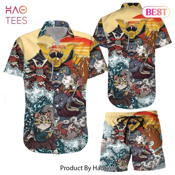 Cat Themed Hawaiian Shirt Cat Samurai Button Down Shirts Funny Gift Ideas For Cat Lovers