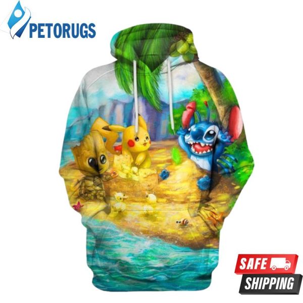 Cute Things On The Beach Pikachu Stitch Groot 3D Hoodie