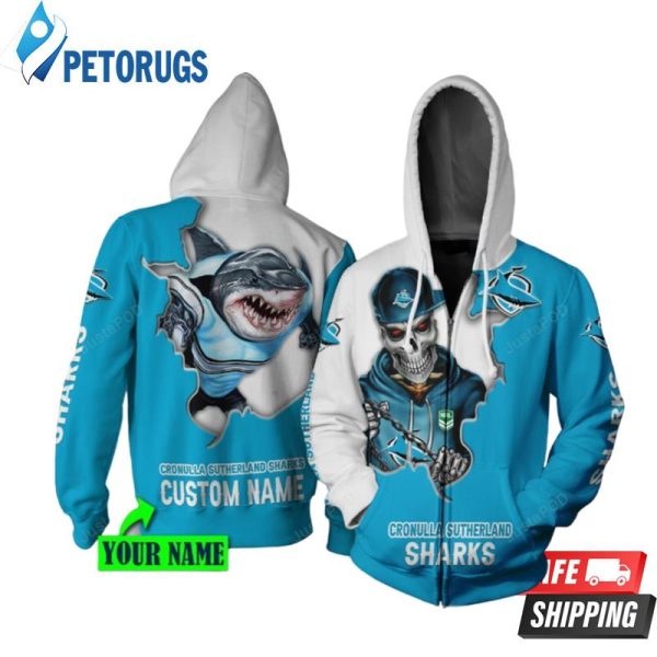 Personalized Cronulla Sutherland Sharks Nrl Mascot Skull Custom Name 3D Hoodie