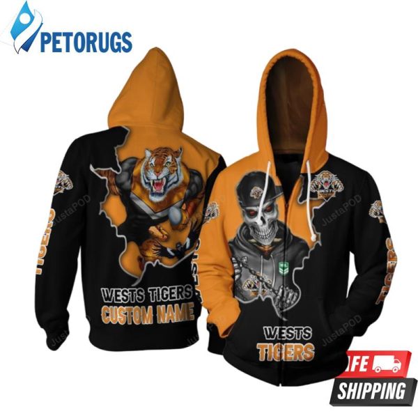 Personalized Wests Tigers Nrl Mascot Skull Custom Name 3D Hoodie